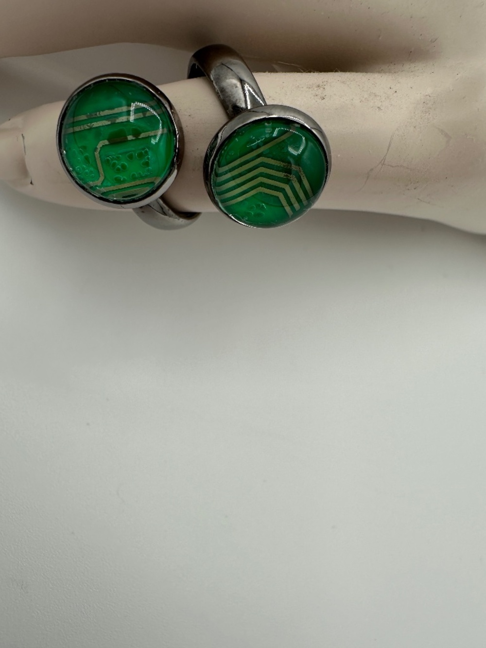 Adjustable Bypass Ring Dual-Cabochon Design Upcycled Green Circuit Boards